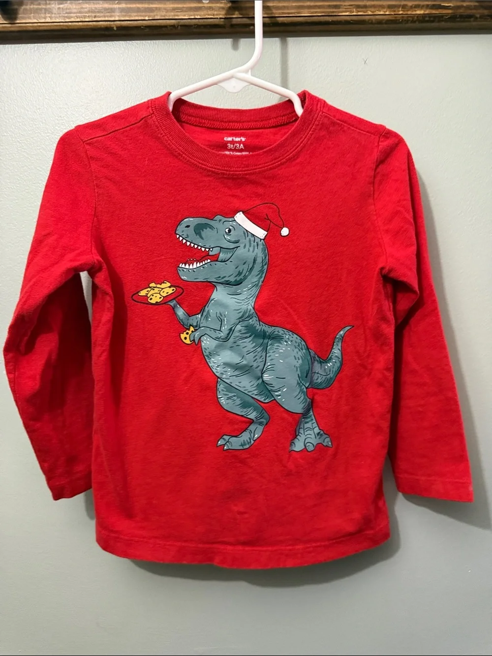 Carter's Red Long-Sleeve Tee with Teal Dino Wearing Santa Hat